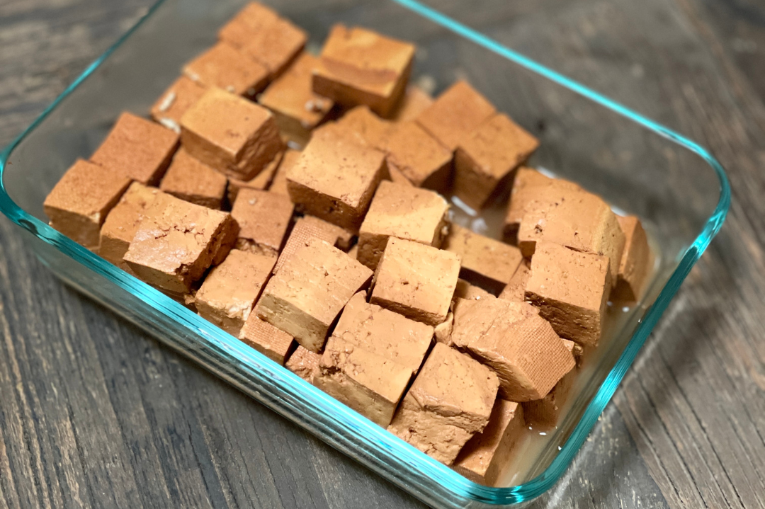 Glass tray of Tea-Infused Tofu Bites