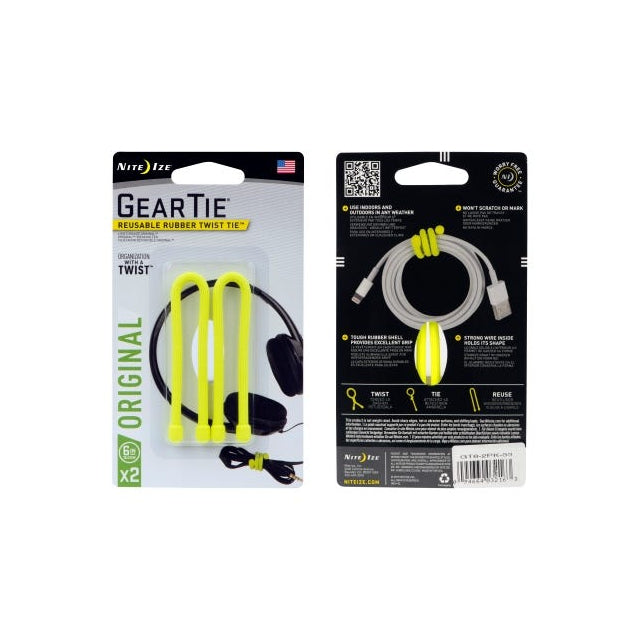 Nite Ize Gear Tie Reusable Rubber Twist Tie 6 in. - 2 Pack Neon Yellow