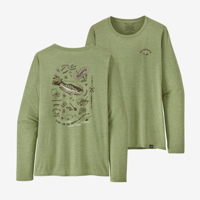 Patagonia Womens L/s Cap Cool Daily Graphic Shirt - Waters Action Angler: Salvia Green X-Dye