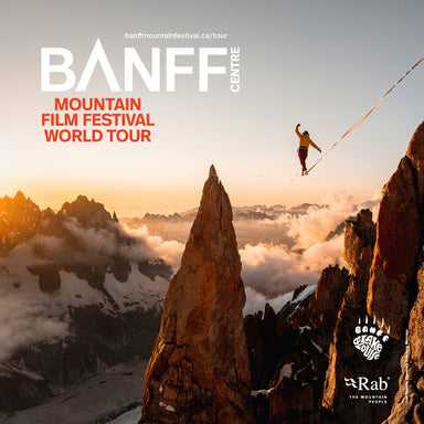 Image of an athlete on a high wire over Rocky Mountains for the BANFF MOUNNTAIN FILM FESTIVAL WORLD TOUR.
