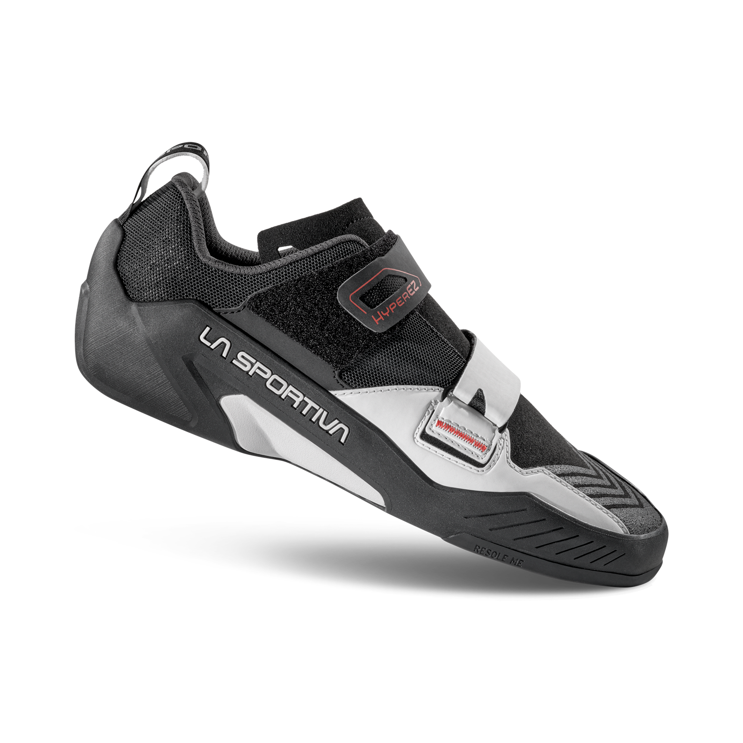 Black climbing shoe with a Velcro strap, designed for beginner climbers.