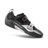 Black climbing shoe with a Velcro strap, designed for beginner climbers.
