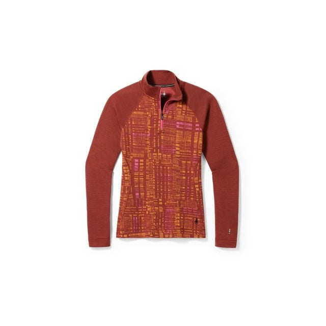 Smartwool Women's Classic Thermal Merino Base Layer 1/4 Zip Pecan Brown Digi Plaid